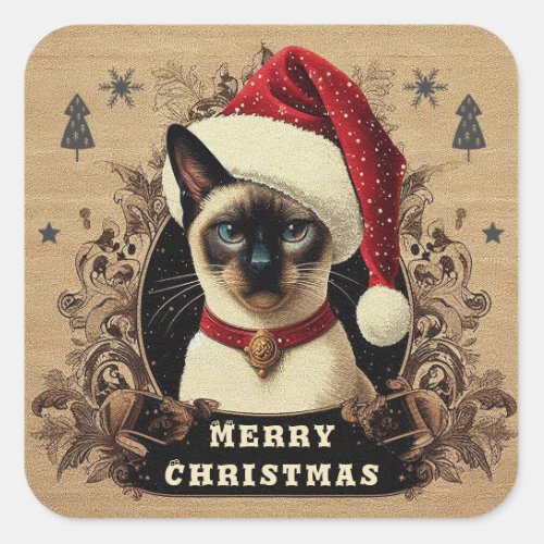 Christmas regal Siamese Cat Xmas Santa Kitten Square Sticker