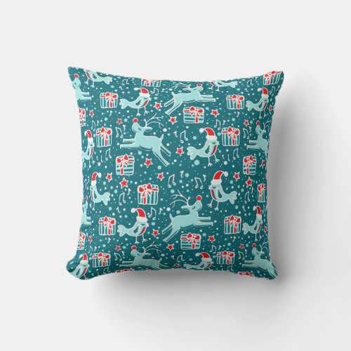 Christmas reindeer and bird green throw pillow