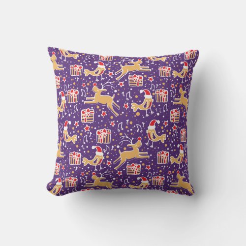 Christmas reindeer and bird purple throw pillow