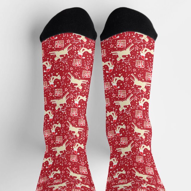 Christmas reindeer and birds musical themed red socks (Top)