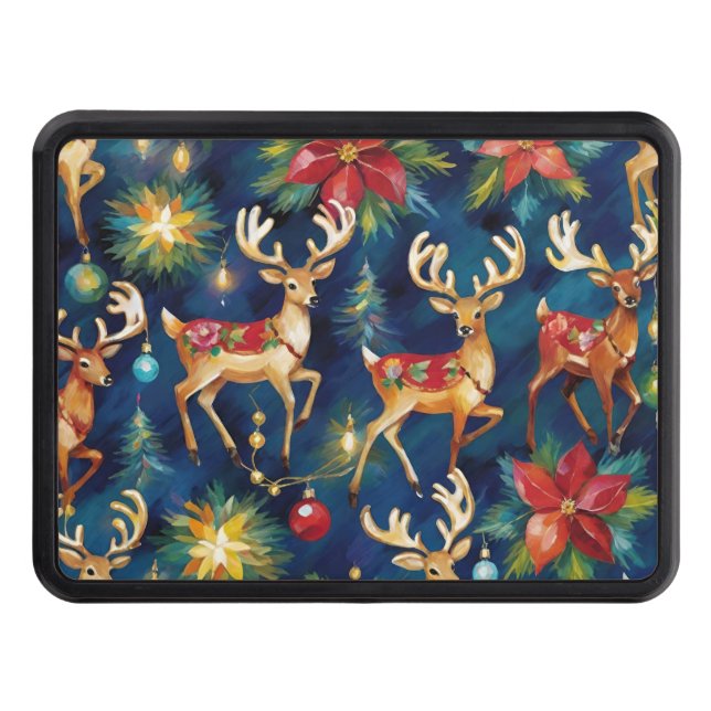 Christmas Reindeer and Poinsettias Navy Hitch Cover (Front)