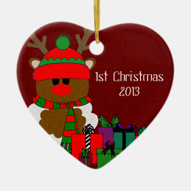 Christmas Reindeer and Presents Ceramic Ornament (Front)