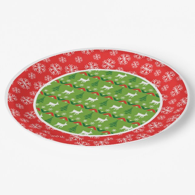 Christmas Reindeer and Snowflakes Pattern Paper Plates (Angled)