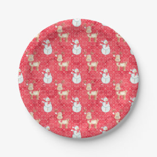 Christmas Reindeer And Snowman Pattern - Red Paper Plates