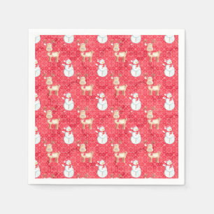 Christmas Reindeer And Snowman - Red Napkins