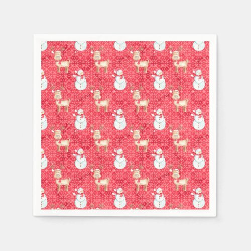 Christmas Reindeer And Snowman _ Red Napkins