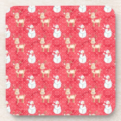 Christmas Reindeer and Snowmen _ Red Beverage Coaster