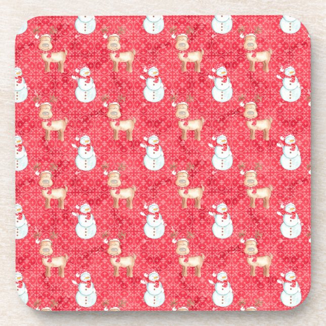 Christmas Reindeer and Snowmen - Red Beverage Coaster (Front)