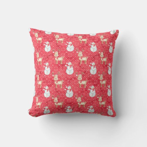 Christmas Reindeer and Snowmen _ Red Throw Pillow