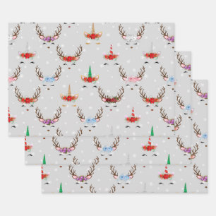 Christmas Reindeer and Unicorns on Grey Wrapping Paper Sheets