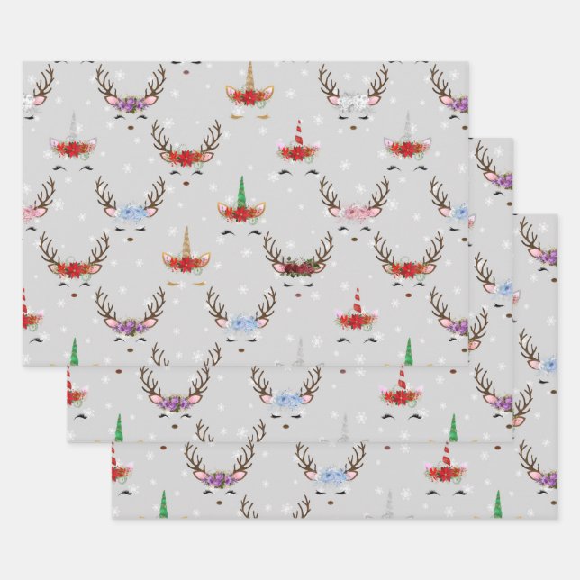 Christmas Reindeer and Unicorns on Grey Wrapping Paper Sheets (Set)