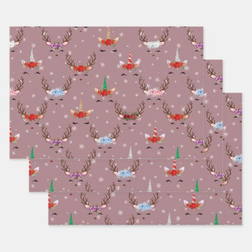 Christmas Reindeer and Unicorns on Pink Wrapping Paper Sheets
