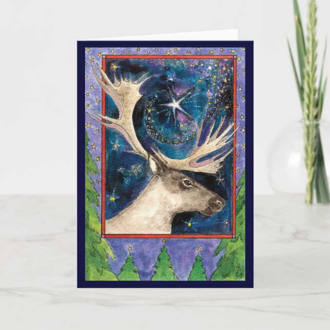 Christmas Reindeer at Night with a Shining Star Holiday Card (Front)