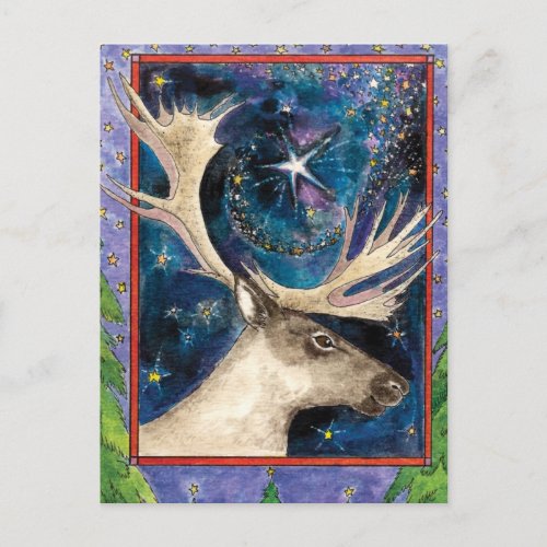 Christmas Reindeer at Night with a Shining Star Holiday Postcard