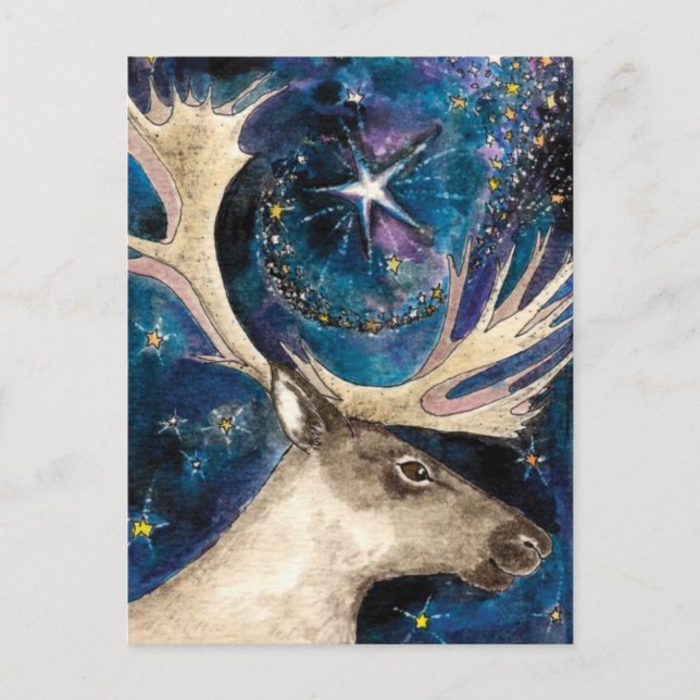 Christmas Reindeer at Night with a Shining Star Holiday Postcard (Front)