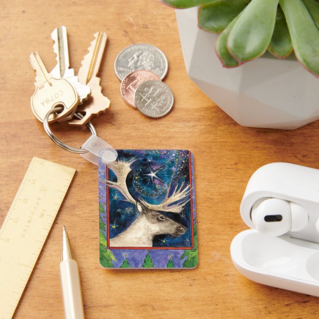 Christmas Reindeer at Night with a Shining Star Keychain (Desk)