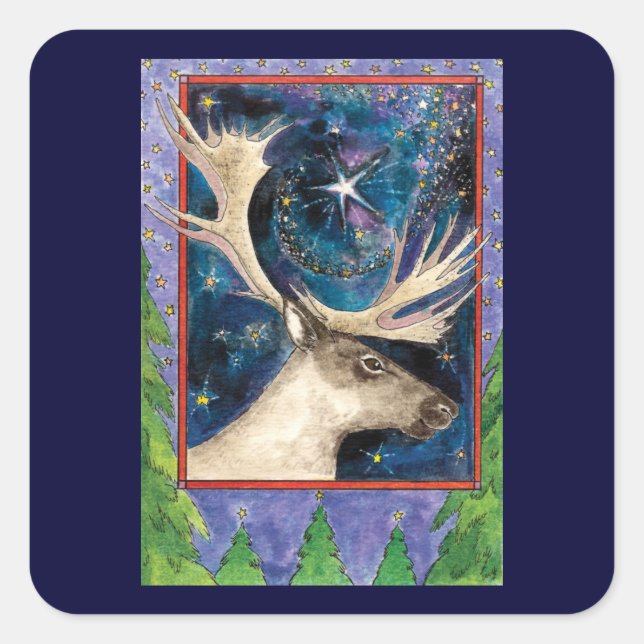 Christmas Reindeer at Night with a Shining Star Square Sticker (Front)