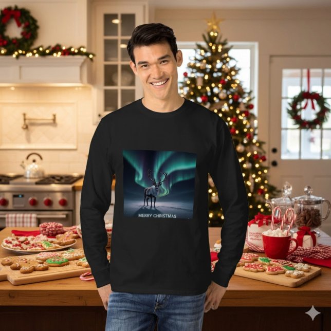 Christmas Reindeer Aurora Borealis Night Sky T-Shirt (Creator Uploaded)