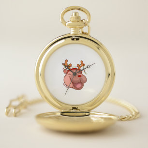 Christmas Reindeer Baby Hippo Moo Deng Xmas Cute Z Pocket Watch