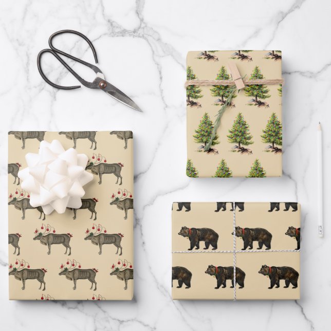 Christmas Reindeer, Bear, and Pine Tree Wrapping Paper Sheets (Front)