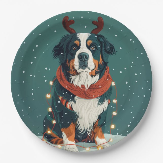 Christmas Reindeer Bernese Mountain Dog Paper Plates (Front)
