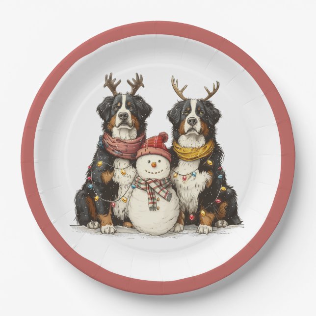Christmas Reindeer Bernese Mountain Dogs Paper Plates (Front)