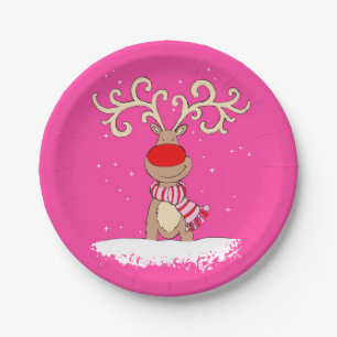 Christmas reindeer big antler pink paper plate