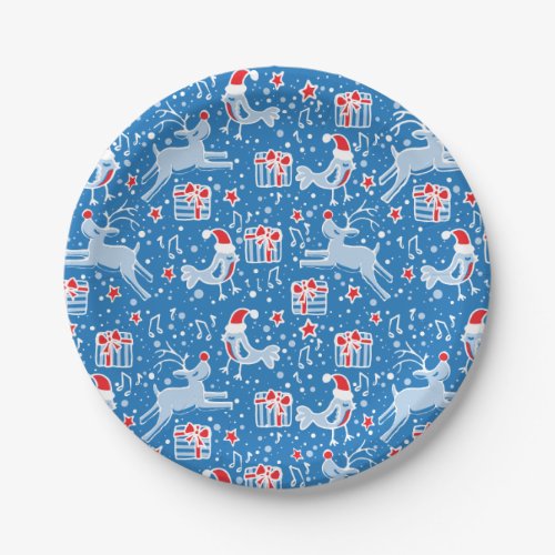 Christmas reindeer bird pattern blue paper plate