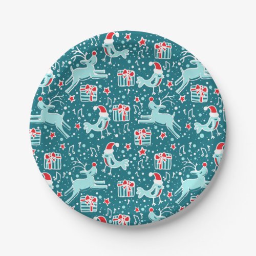 Christmas reindeer bird patterned aqua paper plate