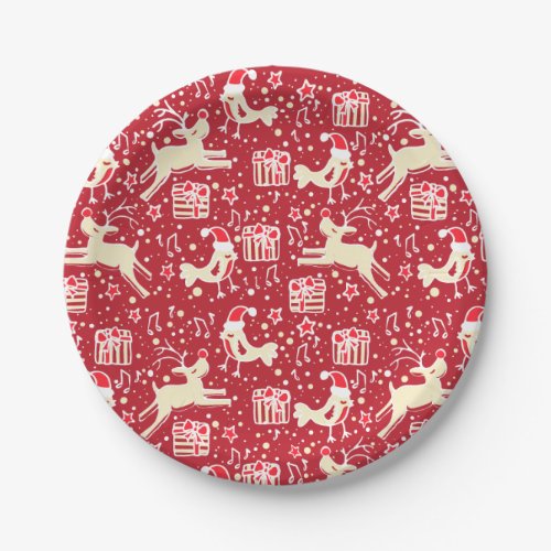 Christmas reindeer bird patterned red paper plate