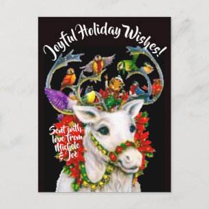 Christmas Reindeer, Birds Vintage Image Postcard