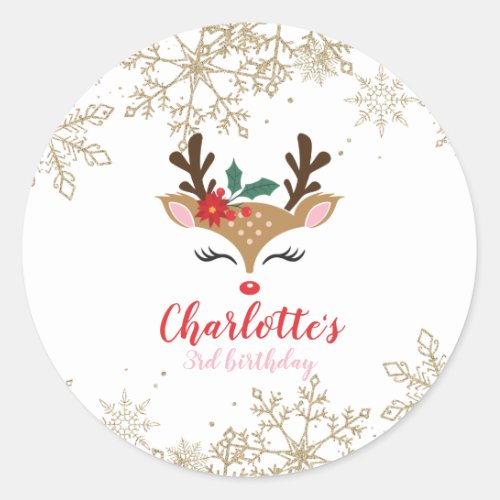 Christmas Reindeer Birthday Gold Snowflakes Classic Round Sticker