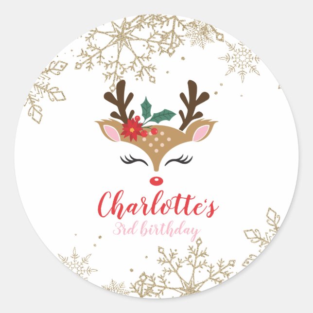 Christmas Reindeer Birthday Gold Snowflakes Classic Round Sticker (Front)
