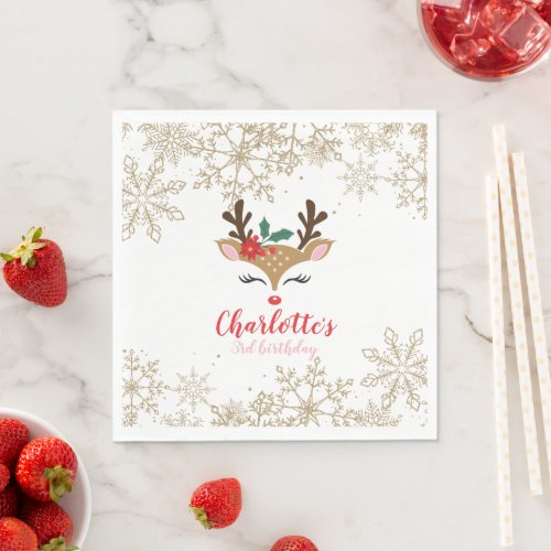 Christmas Reindeer Birthday Gold Snowflakes Napkins