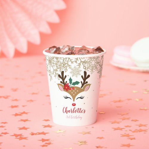 Christmas Reindeer Birthday Gold Snowflakes Paper Cups