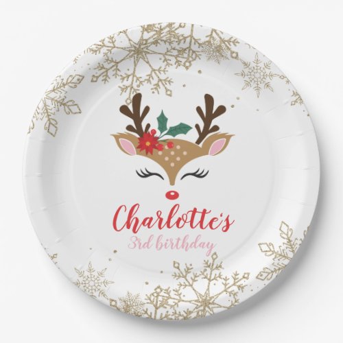 Christmas Reindeer Birthday Gold Snowflakes Paper Plates