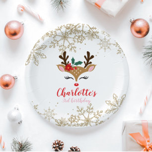 Christmas Reindeer Birthday Gold Snowflakes Paper Plates