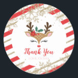 Christmas Reindeer Birthday Gold Snowflakes Stripe Classic Round Sticker<br><div class="desc">Christmas Reindeer girl birthday party stickers with cute reindeer face and Gold Snowflakes and Red and Gold Glitter Stripes.</div>