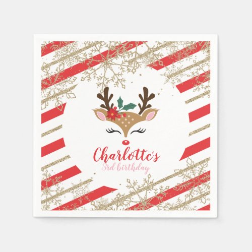 Christmas Reindeer Birthday Gold Snowflakes Stripe Napkins