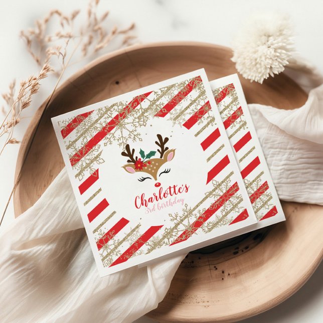 Christmas Reindeer Birthday Gold Snowflakes Stripe Napkins (Creator Uploaded)