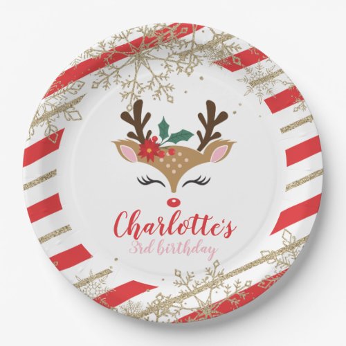 Christmas Reindeer Birthday Gold Snowflakes Stripe Paper Plates