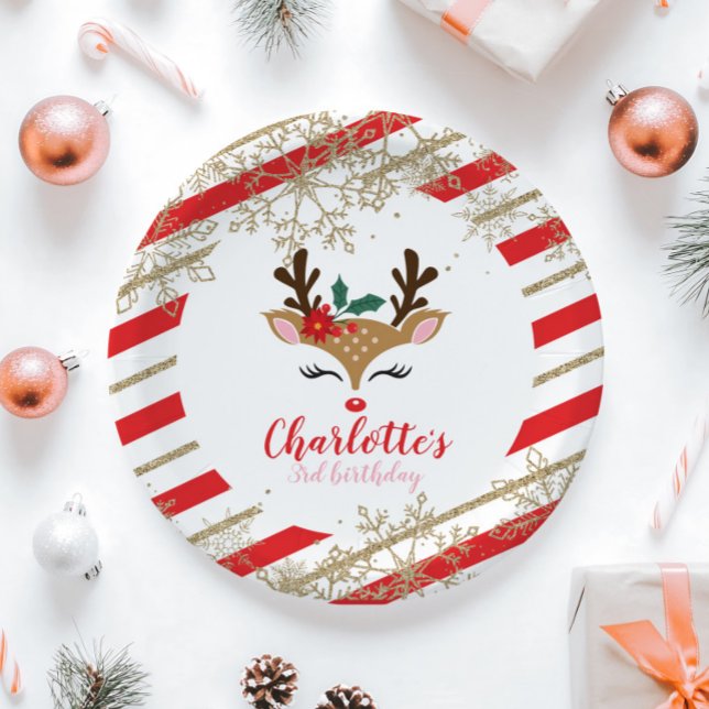 Christmas Reindeer Birthday Gold Snowflakes Stripe Paper Plates (Creator Uploaded)
