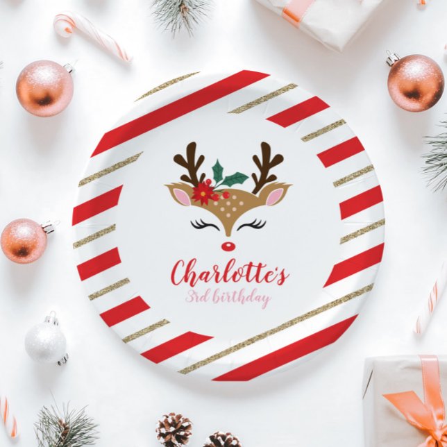 Christmas Reindeer Birthday Red Gold Stripes Paper Plates (Creator Uploaded)