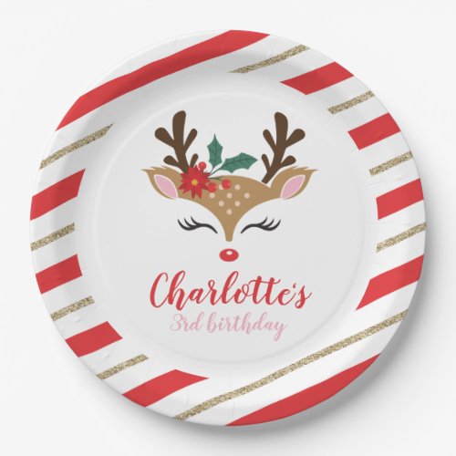 Christmas Reindeer Birthday Red Gold Stripes Paper Plates