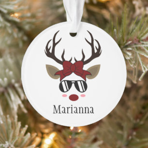 Christmas Reindeer black sunglasses red hair bow Ornament