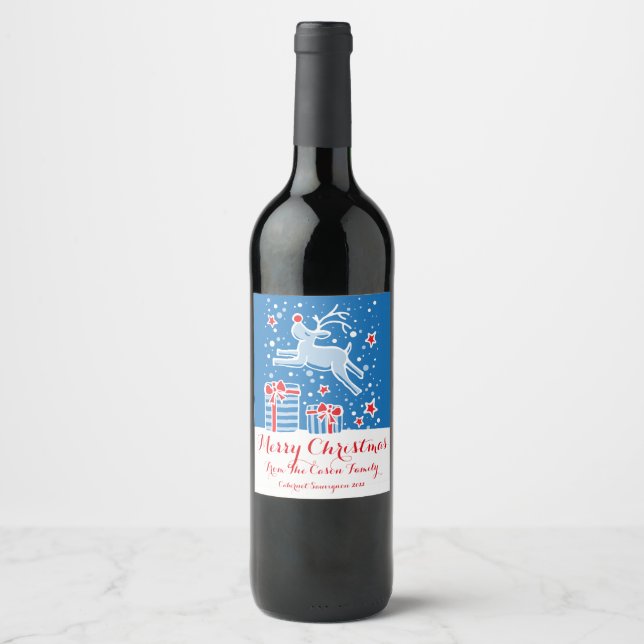 Christmas reindeer blue red custom wine labels (Front)