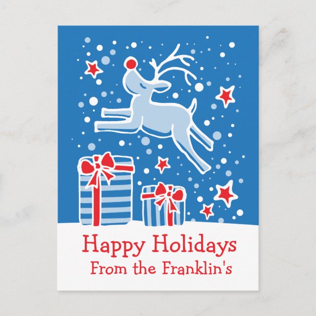 Christmas reindeer blue red white postcard (Front)