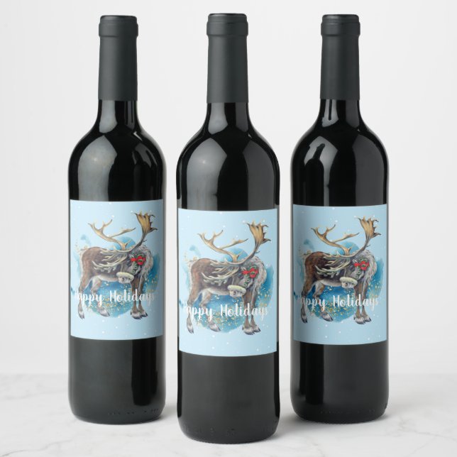 Christmas Reindeer Blue Splash Wine Label (Bottles)