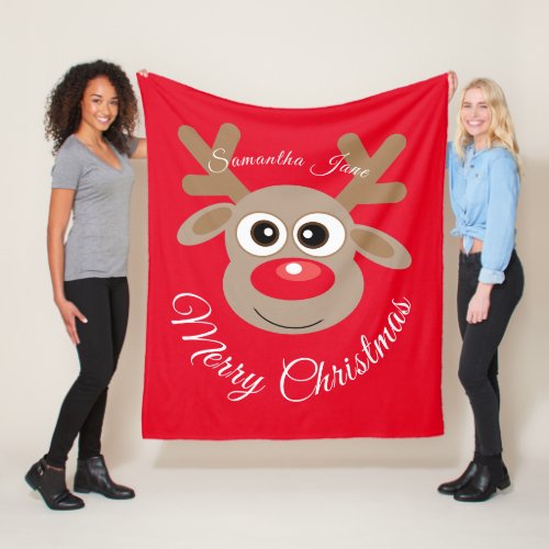 Christmas Reindeer Cartoon Named Red Script Fleece Blanket