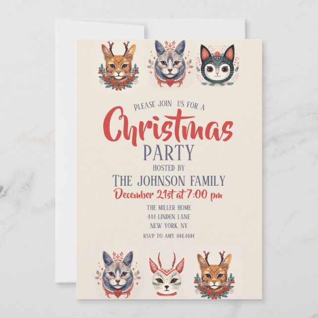 Christmas Reindeer Cat Illustration Pattern Invitation (Back)